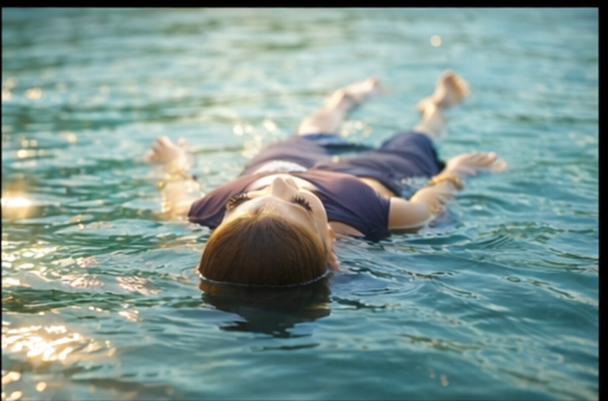 Person floating in warm teal water in sunlight