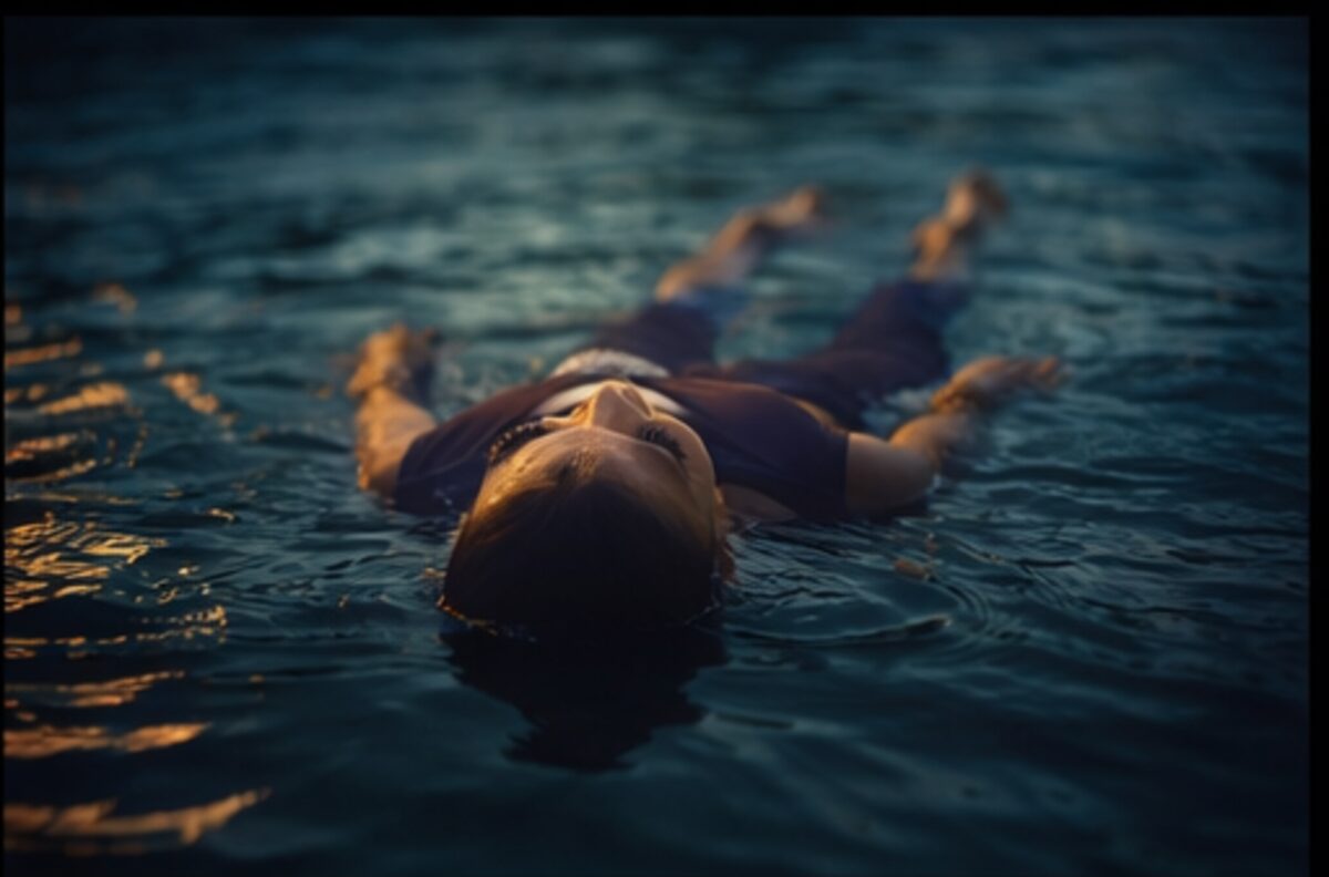 A person floating in warm dark water during blue hour, arms open