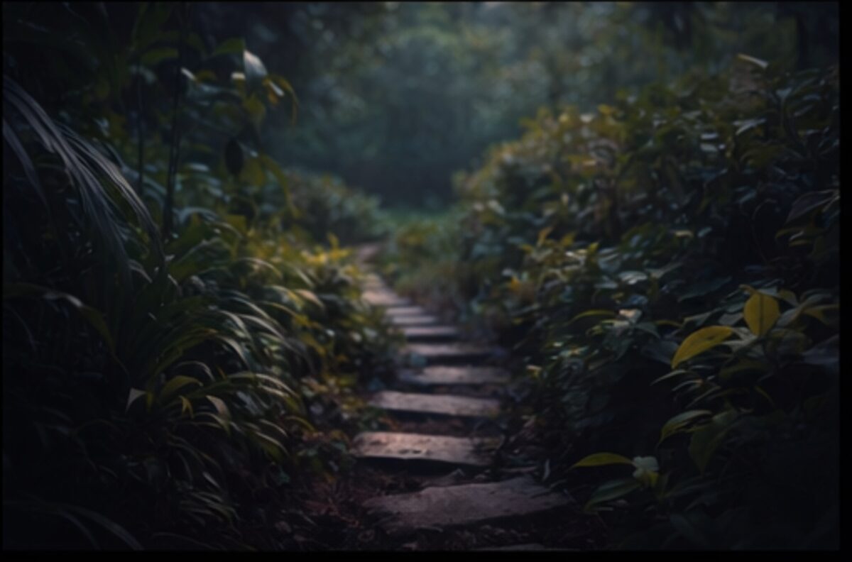 A mossy stepping stone path winding through tropical garden in soft dusk light