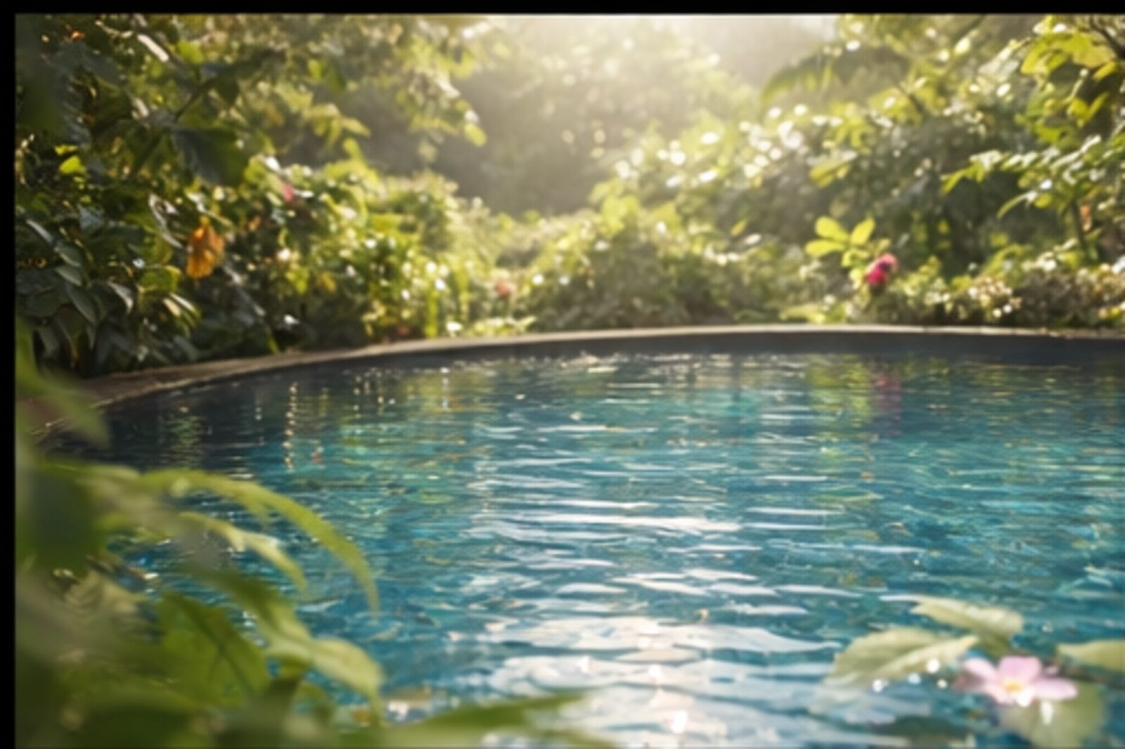 Tropical warm-water pool surrounded by lush foliage in golden morning light
