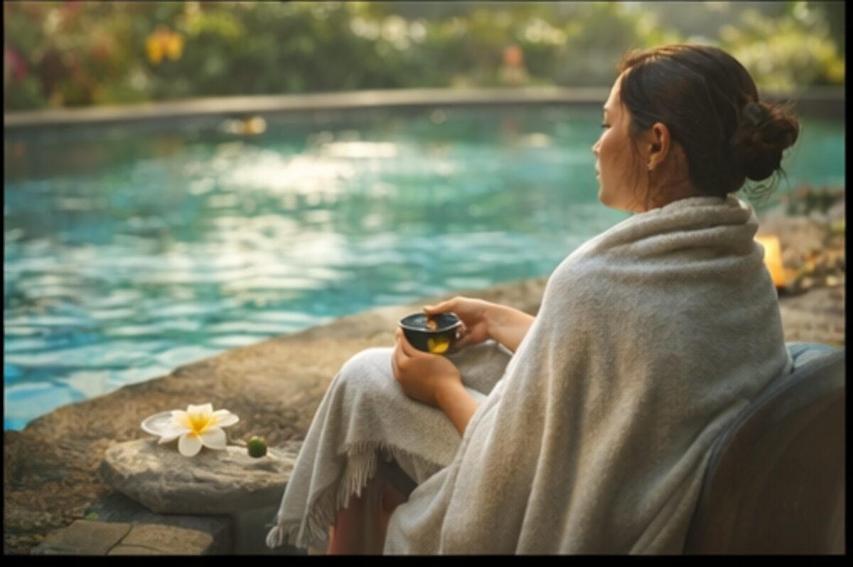 A person wrapped in a blanket beside a pool in morning light, holding tea