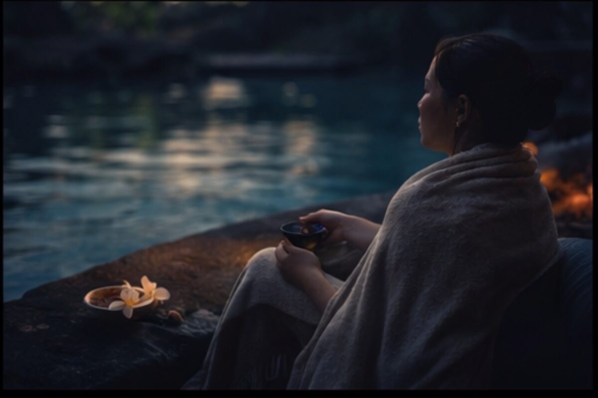 A person wrapped in a blanket beside a warm pool at dusk, holding tea in quiet integration