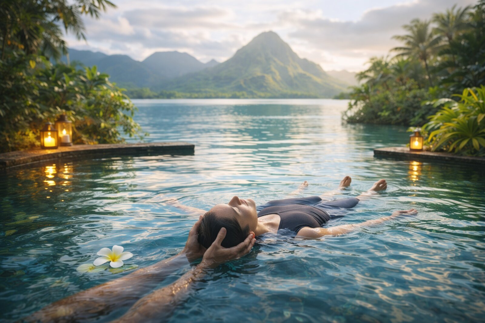 Janzu practitioner cradling a receiver floating in warm water, mountains and lanterns at dusk
