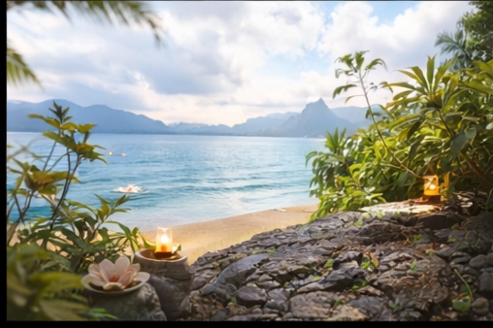 Beach and mountains of the North Shore of Kauaʻi in warm golden light